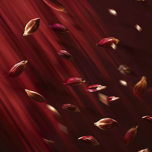 Flat deep maroon background with seed clipart in photorealistic depiction, highlighted by dynamic shadows and bright highlights