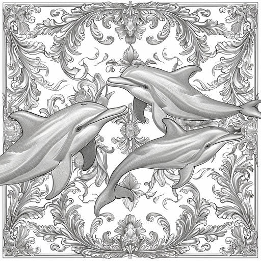 Intricate dolphins with baroque patterns Coloring book