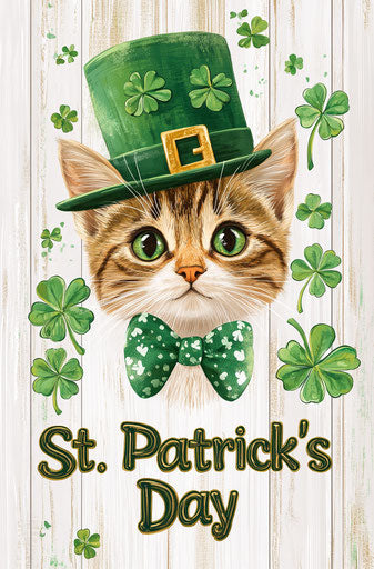 St. Patrick's Day, a cute cat in a green hat and bow tie, surrounded by clovers, vintage poster design