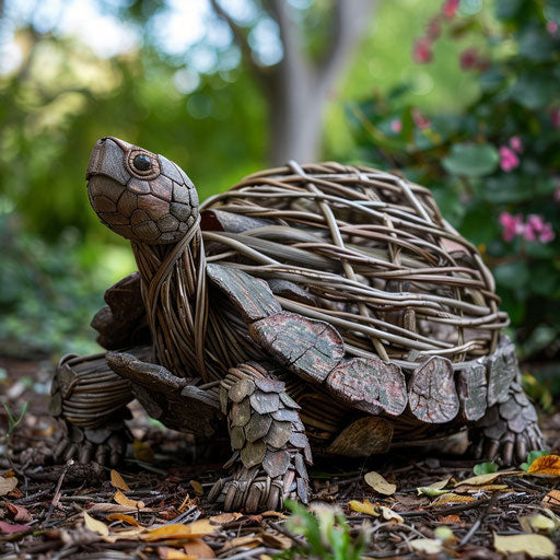 A turtle with a shell made of woven wicker, in a peaceful garden