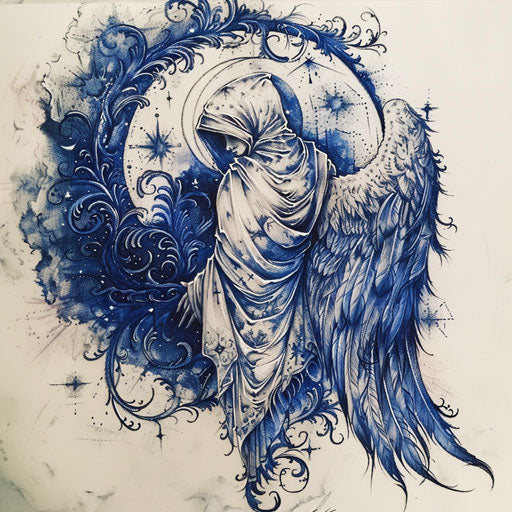 Mystical tattoo sketch of the angel of death with starry night motifs, in midnight blue and silver