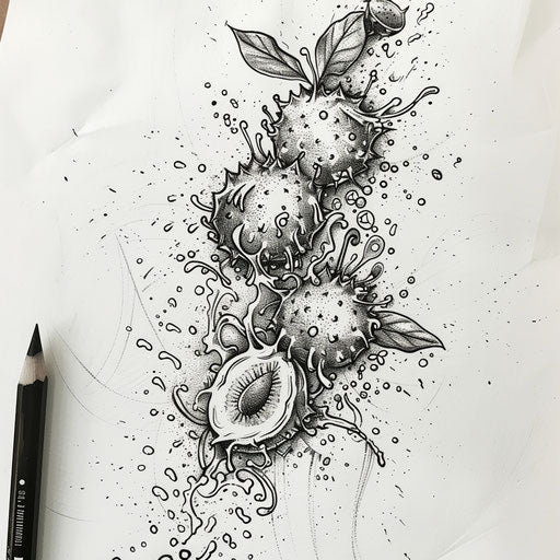 Dynamic flat tattoo sketch of jagua fruit falling into a splashing pool of water