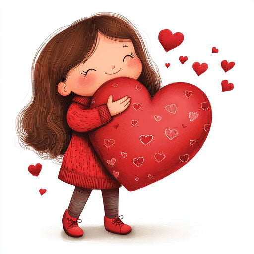 Smiling girl hugging big heart plush