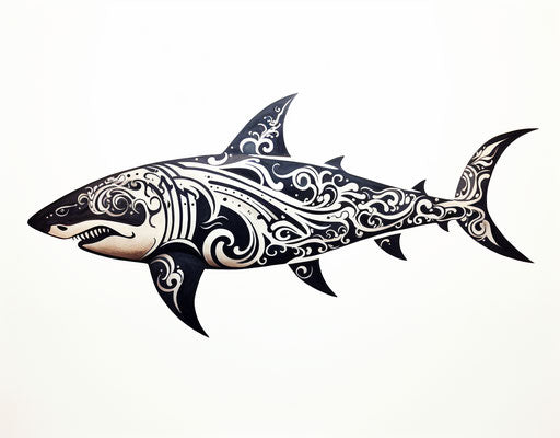 Tribal shark in ornamental abstraction, minimalist Maori art