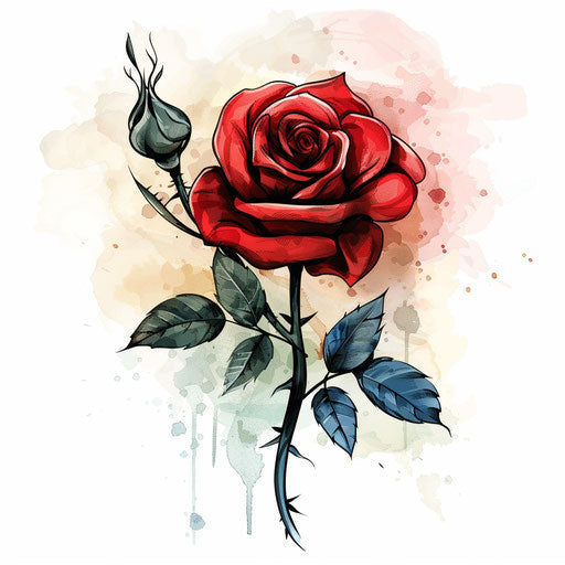 Sketch of a beautiful red rose tattoo with watercolor effects