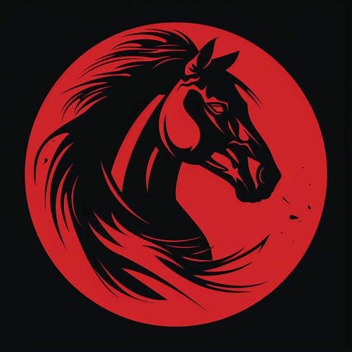 Bold horse logo with stylized silhouette and red background
