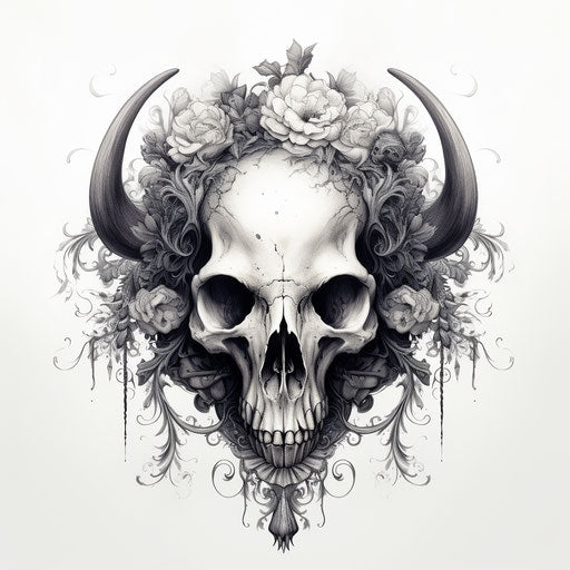 Skull with leaves and flowers, baroque animals style