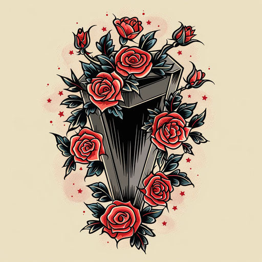 Vintage coffin with roses and classic tattoo elements