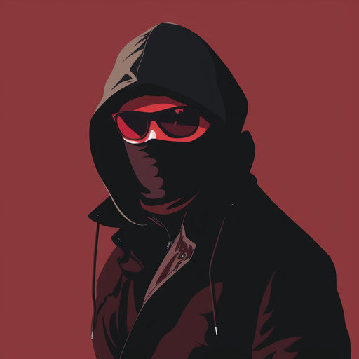 Flat maroon background with robber clipart in photo realistic depiction