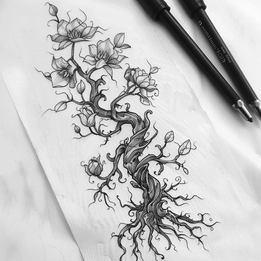 Stylish flat tattoo sketch of intertwined roots with delicate floral accents