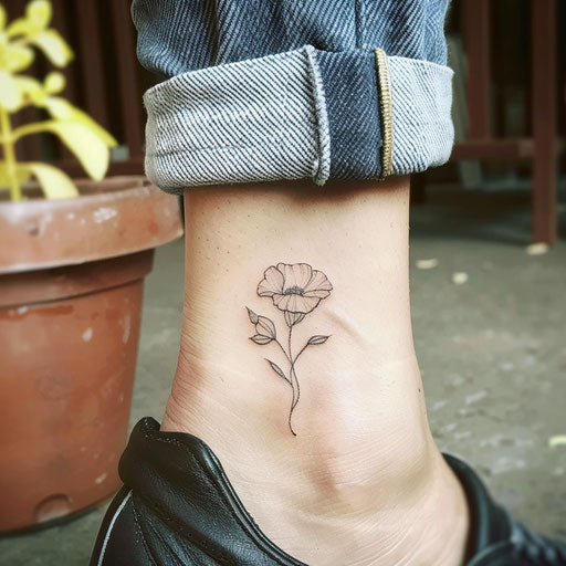 Easy tattoo of a minimalist flower, Ami James style, ankle