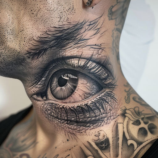 Realism tattoos of a detailed eye on the neck