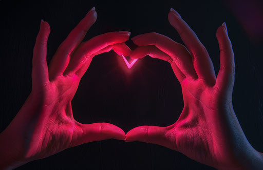 Love gesture on black background, light pink and magenta