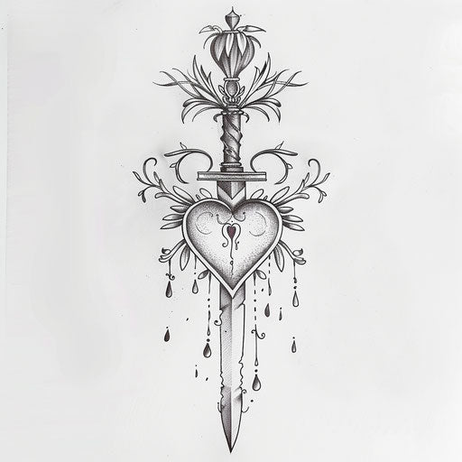 Tattoo sketch of a dagger piercing a heart, with blood drops and vines, in clipart style, flat black ink
