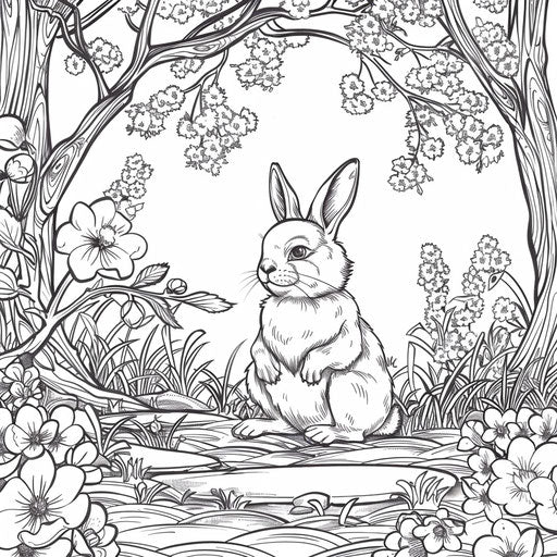 Easter bunny meditating among cherry blossoms