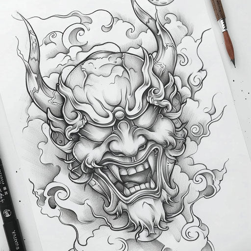 Flat tattoo sketch of a Hannya mask with dynamic swirling clouds and a crescent moon