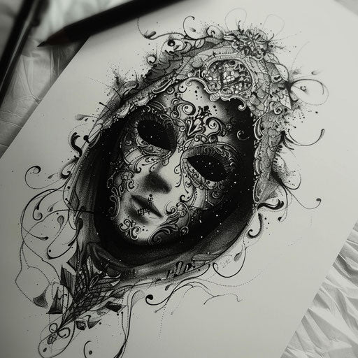 Flat tattoo sketch of No-Face with intricate, lace-like mask detailing