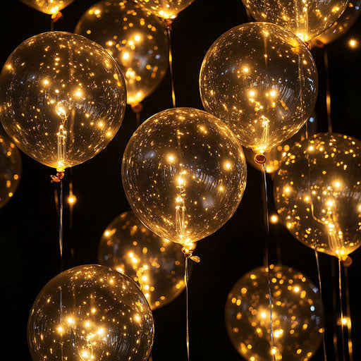 Golden luminous balloons on black background for festive decor