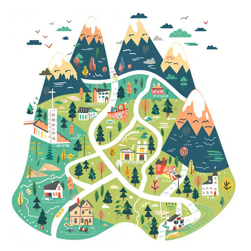 Playful map logo with bright colors and fun landmarks