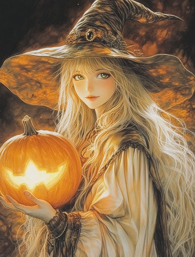 Blonde witch with glowing pumpkin, Luis Royo style