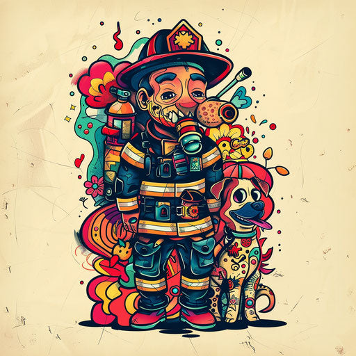 Cartoon firefighter with dog tattoo sketch, playful patterns and bright colors
