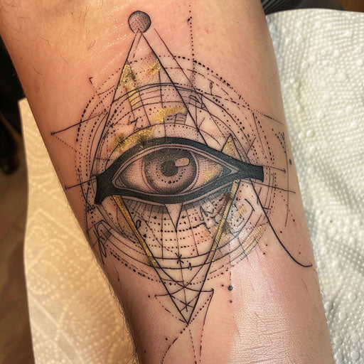 Art deco Eye of Horus tattoo with geometric patterns and gold accents on white canvas