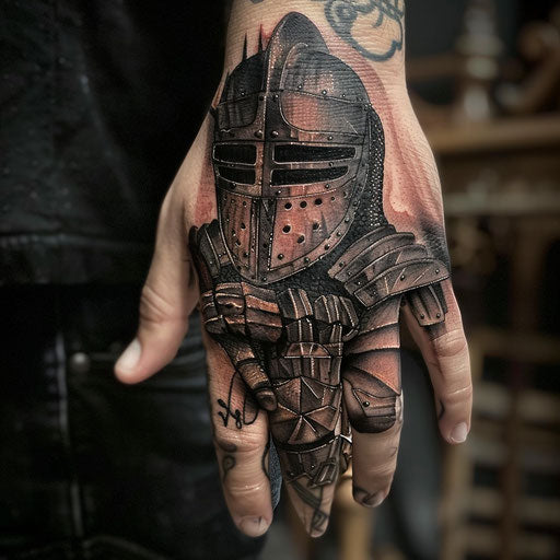 Small hand tattoos of a knight in armor