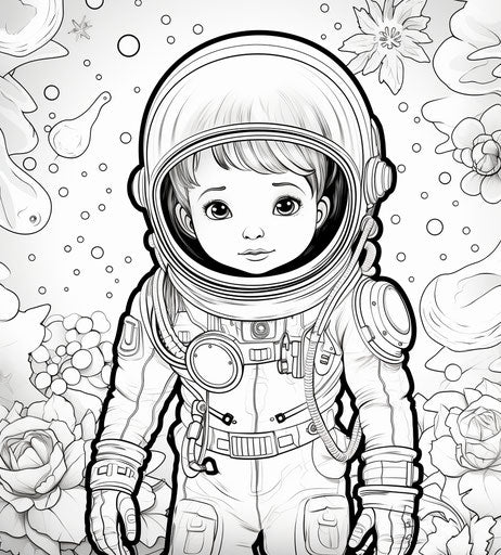 Child in astronaut costume coloring page, comic art style, lively tableaus