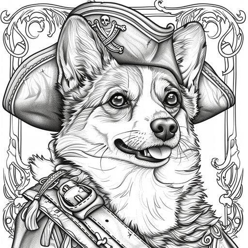 Whimsical corgi dressed as a pirate with hat and eye patch.