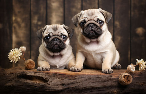 Two small pugs sitting on a wooden board