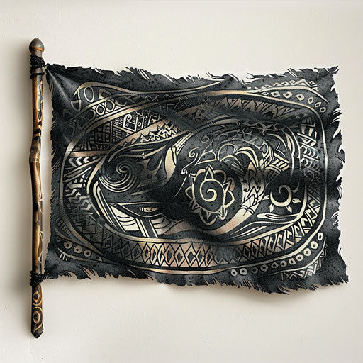 Exotic black flag adorned with traditional Polynesian motifs