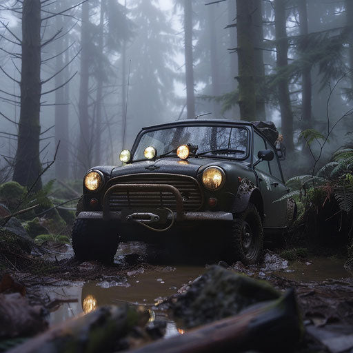 Off-road 1980 Mini Cooper in misty forest