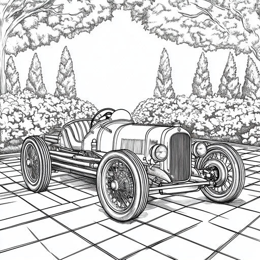 Race car with a royal theme, Megan Hess style, Coloring page