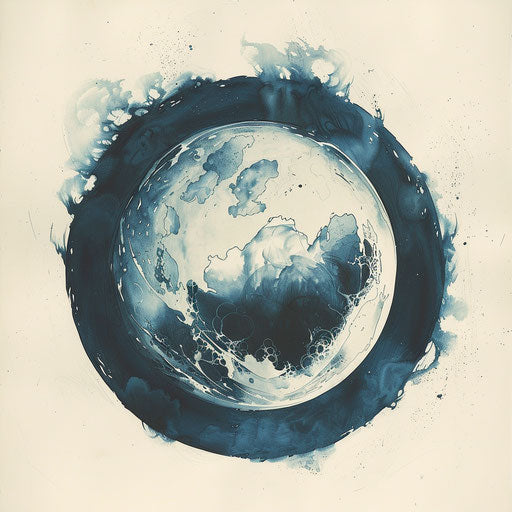 Eerie flat tattoo sketch of a ghostly globe with faint continent outlines, muted blues and whites, clipart style