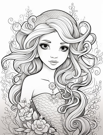 Disney princess mermaid coloring pages, whimsical and playful style