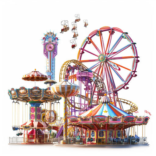 Photo-realistic amusement park clipart on flat white background