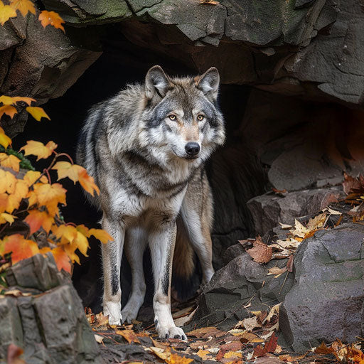 The wolf standing guard near its den under a rocky outcrop