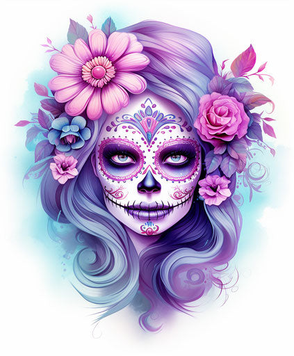 Flower head tattoo with purple sugar skull, free brushwork