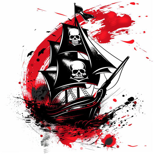 Pirate flag with ship in the background, bold reds and blacks