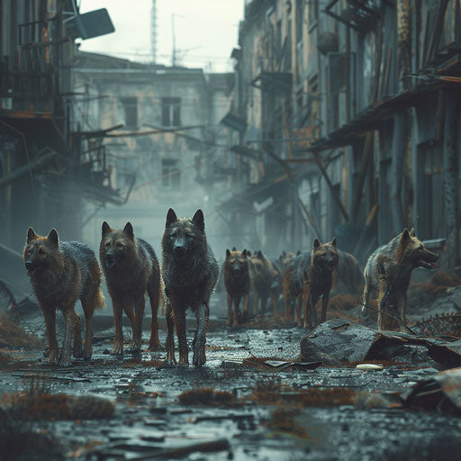 Pack of wild dogs roaming through abandoned town
