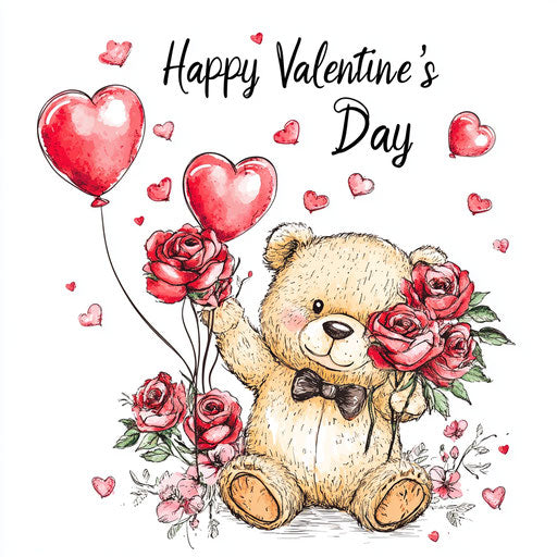 Teddy bear with roses and heart-shaped balloons