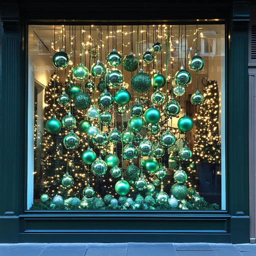 Charming shop window display with cascading green Christmas bulbs