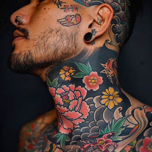 Throat tattoos with Japanese influences