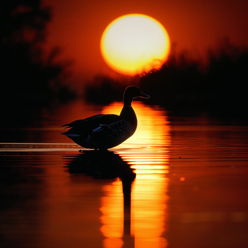 Wood duck silhouetted on tranquil lake at sunset