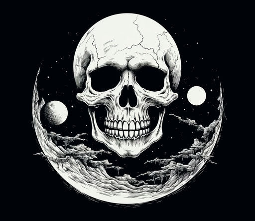 Skull and outline on the moon, grim realism style