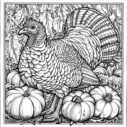 Festive turkey with background of pumpkins and cornucopia