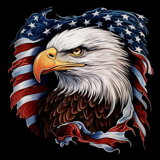 White American flag tattoo, black background, colorful moebius style