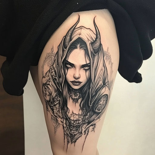 Demon hunter thigh tattoo
