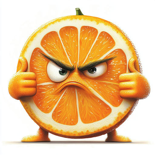 Humorous caricature of an orange slice with human characteristics