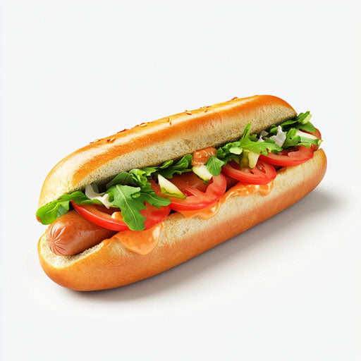 3D photorealistic hot dog on flat white background, isolated clipart